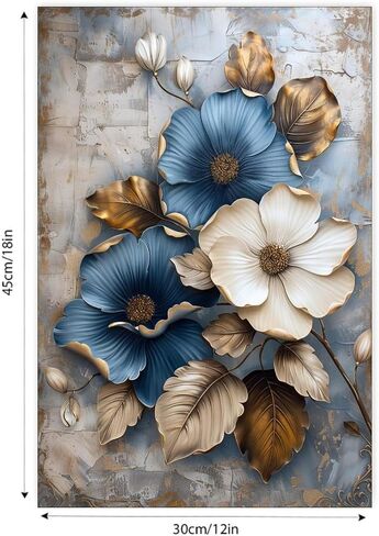 Blue White Flowers Gold Leaves Vintage Rustic Canvas Wall Art - 12x18in Unframed Poster- Home & Office Decor for Living Room, Bedroom, Kitchen & Cafe in Saudi Arabia