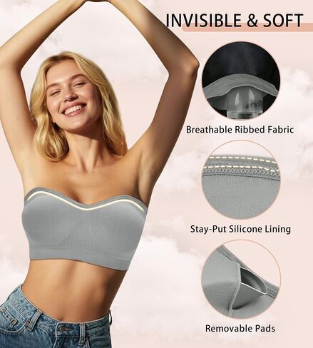 ZYQEXA Strapless Bras for Women - Seamless Non-Slip Wireless Pad Bralette Clear Straps Tube Top Summer Bandeau Bra Pack in Saudi Arabia