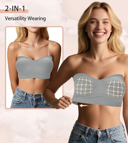 ZYQEXA Strapless Bras for Women - Seamless Non-Slip Wireless Pad Bralette Clear Straps Tube Top Summer Bandeau Bra Pack in Saudi Arabia