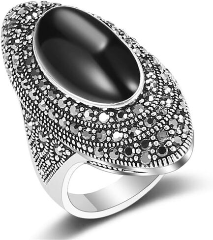 Black Rhinestones Oval Cocktail Statement Rings for Women Boho Elegant Marcasite Onyx Finger Ring for Anniversary Wedding Vintage Comfort Fit Fashion Jewelry in Saudi Arabia