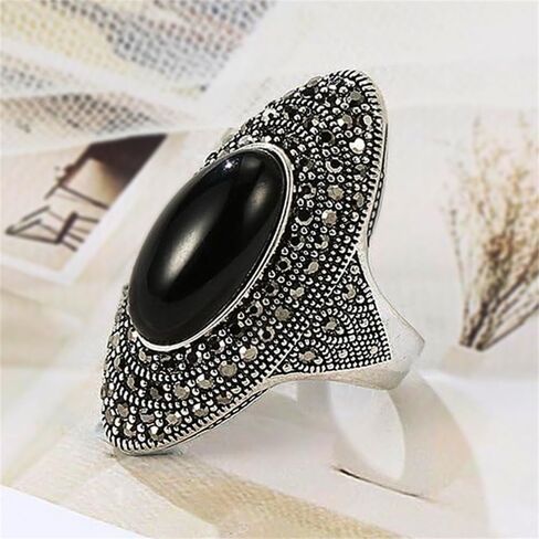 Black Rhinestones Oval Cocktail Statement Rings for Women Boho Elegant Marcasite Onyx Finger Ring for Anniversary Wedding Vintage Comfort Fit Fashion Jewelry in Saudi Arabia