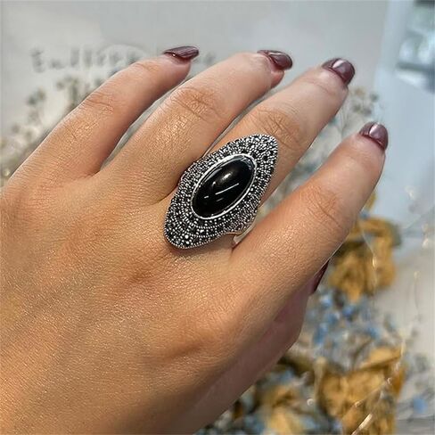 Black Rhinestones Oval Cocktail Statement Rings for Women Boho Elegant Marcasite Onyx Finger Ring for Anniversary Wedding Vintage Comfort Fit Fashion Jewelry in Saudi Arabia