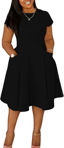 Womens Elegant Casual Short Sleeve Midi Dress Plus Size A Line Work Party Fit and Flare Dress with Pockets in Saudi Arabia