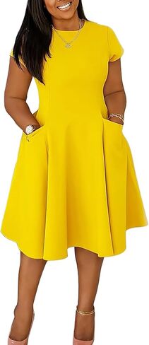 Womens Elegant Casual Short Sleeve Midi Dress Plus Size A Line Work Party Fit and Flare Dress with Pockets in Saudi Arabia