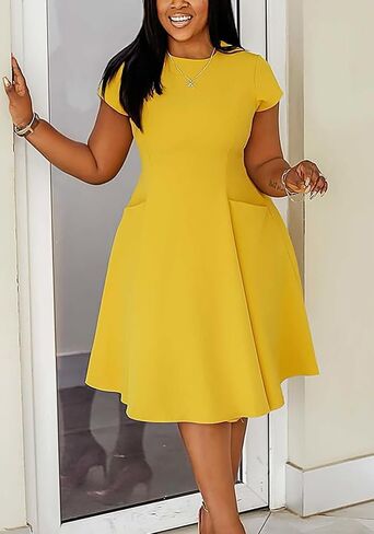 Womens Elegant Casual Short Sleeve Midi Dress Plus Size A Line Work Party Fit and Flare Dress with Pockets in Saudi Arabia