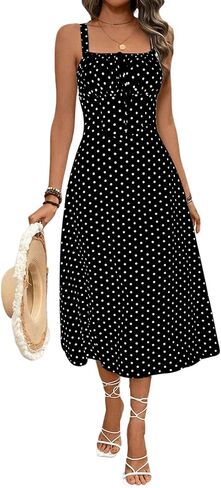 Floerns Women's Polka Dots Square Neck Tank Dress Ruched Bust Knot A Line Midi Dresses in Saudi Arabia
