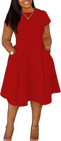 Womens Elegant Casual Short Sleeve Midi Dress Plus Size A Line Work Party Fit and Flare Dress with Pockets in Saudi Arabia
