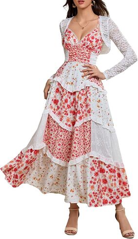 Elegant Women’s Long Sleeve Dress with Lace Cardigan Shrug Boho Fall Ruched Waist Floral Maxi Dress for Weddings & Parties in Saudi Arabia