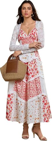 Elegant Women’s Long Sleeve Dress with Lace Cardigan Shrug Boho Fall Ruched Waist Floral Maxi Dress for Weddings & Parties in Saudi Arabia