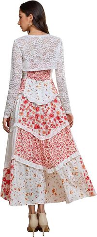 Elegant Women’s Long Sleeve Dress with Lace Cardigan Shrug Boho Fall Ruched Waist Floral Maxi Dress for Weddings & Parties in Saudi Arabia
