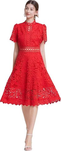 LAI MENG FIVE CATS Women's Short Sleeves Lining Lace Hollow Braided Waistband Solid Color Casual Mini Dress in Saudi Arabia