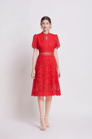 LAI MENG FIVE CATS Women's Short Sleeves Lining Lace Hollow Braided Waistband Solid Color Casual Mini Dress in Saudi Arabia