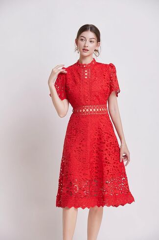 LAI MENG FIVE CATS Women's Short Sleeves Lining Lace Hollow Braided Waistband Solid Color Casual Mini Dress in Saudi Arabia