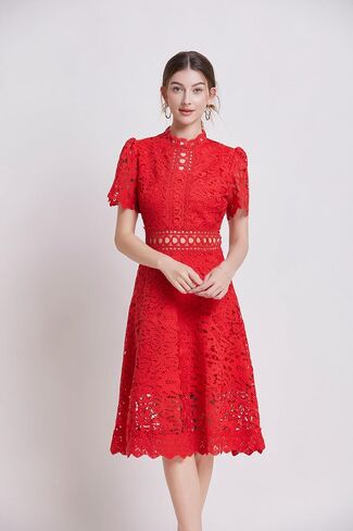 LAI MENG FIVE CATS Women's Short Sleeves Lining Lace Hollow Braided Waistband Solid Color Casual Mini Dress in Saudi Arabia