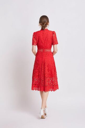LAI MENG FIVE CATS Women's Short Sleeves Lining Lace Hollow Braided Waistband Solid Color Casual Mini Dress in Saudi Arabia