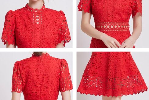LAI MENG FIVE CATS Women's Short Sleeves Lining Lace Hollow Braided Waistband Solid Color Casual Mini Dress in Saudi Arabia
