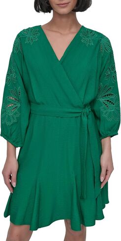 DKNY Women's Long Balloon Sleeve Surplice Neck Mini Eyelet Embroidery Belted Dress in Saudi Arabia