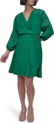 DKNY Women's Long Balloon Sleeve Surplice Neck Mini Eyelet Embroidery Belted Dress in Saudi Arabia
