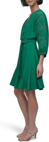 DKNY Women's Long Balloon Sleeve Surplice Neck Mini Eyelet Embroidery Belted Dress in Saudi Arabia