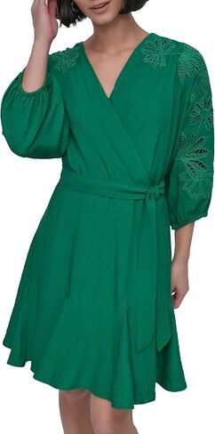 DKNY Women's Long Balloon Sleeve Surplice Neck Mini Eyelet Embroidery Belted Dress in Saudi Arabia