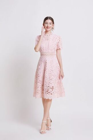 LAI MENG FIVE CATS Women's Short Sleeves Lining Lace Hollow Braided Waistband Solid Color Casual Mini Dress in Saudi Arabia