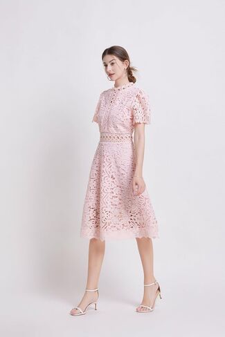 LAI MENG FIVE CATS Women's Short Sleeves Lining Lace Hollow Braided Waistband Solid Color Casual Mini Dress in Saudi Arabia