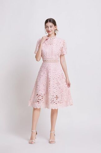 LAI MENG FIVE CATS Women's Short Sleeves Lining Lace Hollow Braided Waistband Solid Color Casual Mini Dress in Saudi Arabia