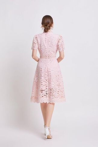 LAI MENG FIVE CATS Women's Short Sleeves Lining Lace Hollow Braided Waistband Solid Color Casual Mini Dress in Saudi Arabia