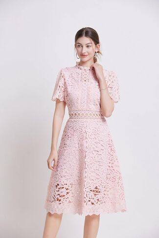LAI MENG FIVE CATS Women's Short Sleeves Lining Lace Hollow Braided Waistband Solid Color Casual Mini Dress in Saudi Arabia