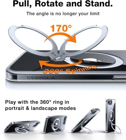 TORRAS 360° Spin Magnetic Stand Case for iPhone 16 Pro Max Case, Fit for MagSafe, 12FT Military Grade Protective Case for 16 Pro Max Phone Case with Kickstand Rotatable, Ostand Spin, Clear 6.9 inch in Kuwait
