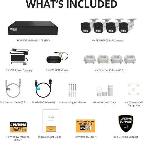 نظام كاميرا مراقبة سلكي PoE Sentinel 4K من Defender AI مع 1 تيرابايت 8Ch NVR، 8 كاميرات مراقبة خارجية معدنية 8MP/4K، اكتشاف بشري ذكي بالذكاء الاصطناعي، ردع وميض باللون الأزرق والأحمر، تطبيق للهاتف المحمول in Kuwait