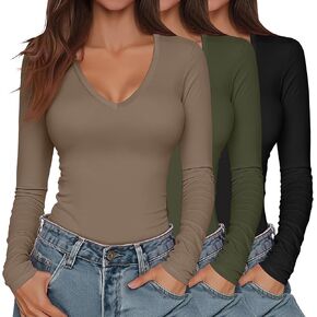 Huukeay 3 Pack Women's Long Sleeve V Neck Shirts Slim Fit Casual Ladies Tops Layering Basic Tee Undershirts in Kuwait