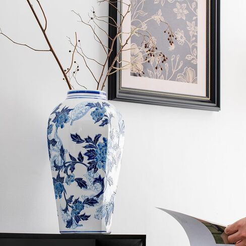 Blue and White Porcelain Vase - 14.6" Hand-Painted Chinoiserie Decor, Vintage Ceramic Vase Gift for Home, Wedding & Mother’s Day in Saudi Arabia
