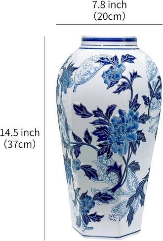 Blue and White Porcelain Vase - 14.6" Hand-Painted Chinoiserie Decor, Vintage Ceramic Vase Gift for Home, Wedding & Mother’s Day in Saudi Arabia