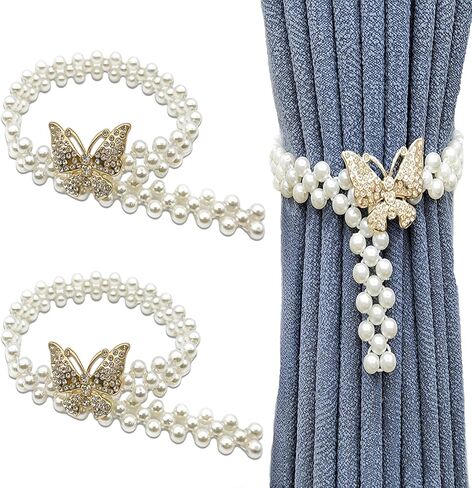 2 حزمة من ستائر ستائر مطاطية على شكل فراشة لؤلؤية مطرزة، ستارة زخرفية تحمل ظهرها، ستارة مزرعة بوهو تسحب للخلف، حامل مشبك ستارة لطيف لديكور الستارة (ذهبي) in Kuwait