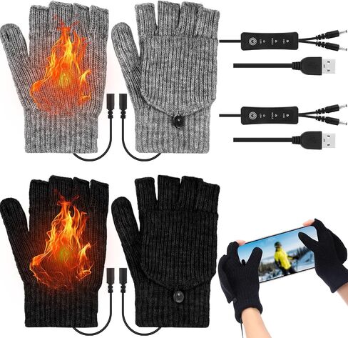 JaGely 2 Pairs USB Heated Gloves Winter Hand Warmers Gloves with 3 Temperature Adjustment Full and Half Hands Heated Fingerless Mitten Washable for Indoor and Outdoor Winter Hiking Skiing Sports Work in Saudi Arabia