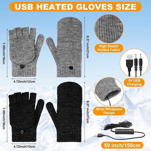 JaGely 2 Pairs USB Heated Gloves Winter Hand Warmers Gloves with 3 Temperature Adjustment Full and Half Hands Heated Fingerless Mitten Washable for Indoor and Outdoor Winter Hiking Skiing Sports Work in Saudi Arabia
