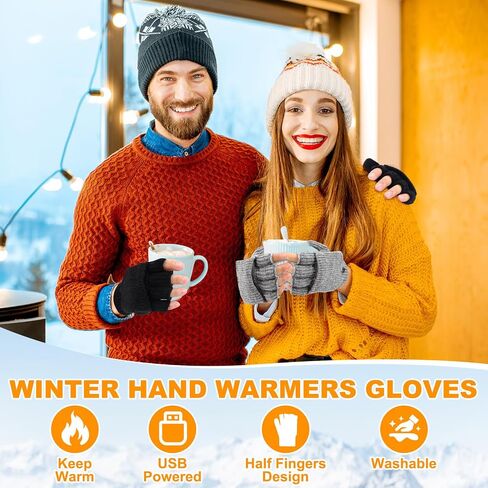 JaGely 2 Pairs USB Heated Gloves Winter Hand Warmers Gloves with 3 Temperature Adjustment Full and Half Hands Heated Fingerless Mitten Washable for Indoor and Outdoor Winter Hiking Skiing Sports Work in Saudi Arabia