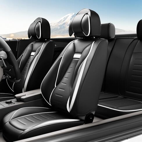 5PCS Angel Wings Front and Back Car Seat Covers Auto Interior Accessories with Water Proof Nappa Leather for Cars SUV Pick-up Truck Universal Comfortable and Breathable (Full Set, Black&White) in Saudi Arabia