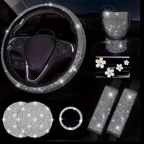 Car Accessories Set for Women, 11 Pieces Bling Interior Decor Kit, Sparkly Steering Wheel Cover, Rhinestone Seat Belt Covers,Daisy Air Vent Clips, Universal Fit,Cute Interior Full Kit (White Diamond) in Saudi Arabia