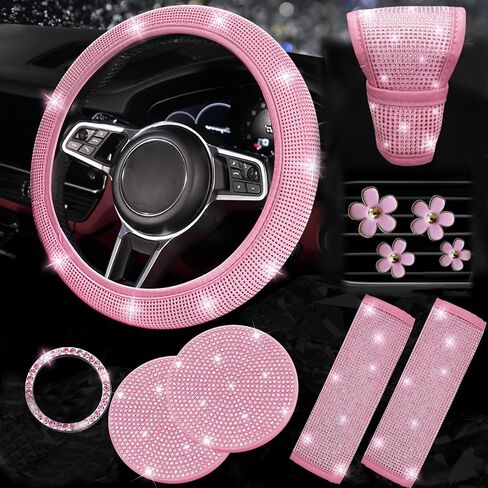 Car Accessories Set for Women, 11 Pieces Bling Interior Decor Kit, Sparkly Steering Wheel Cover, Rhinestone Seat Belt Covers,Daisy Air Vent Clips, Universal Fit,Cute Interior Full Kit (White Diamond) in Saudi Arabia