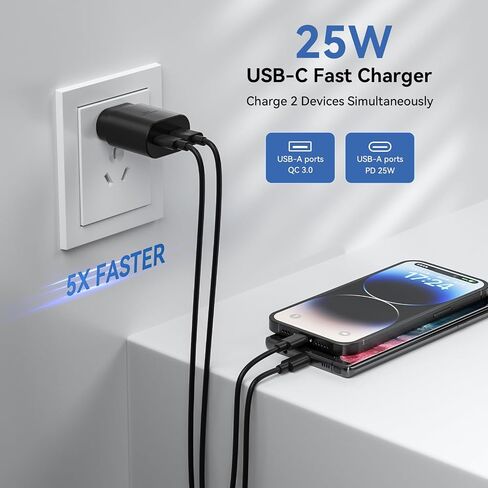 Type C Charger,25W Super Fast Charger Dual Port USB C Wall Charger, Quick Charging Block Compatible with Samsung Galaxy S25 S24 S23 S22/S22 Plus/S20/S21 Ultra Plus,Note 20/Note 10 Plus/iPhone 16/15 in Saudi Arabia