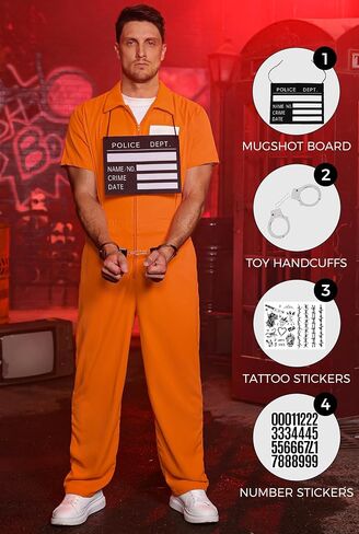Arvilhill 5 Pcs Men's Prisoner Costume Jumpsuit Handcuffs Sign Number Stickers Tattoo Fullset (S-XXL) in Saudi Arabia