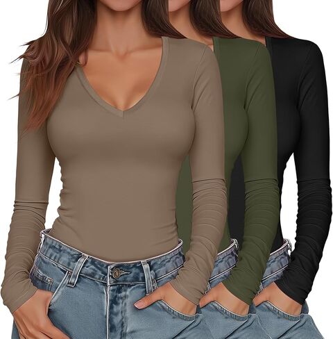 Huukeay 3 Pack Women's Long Sleeve V Neck Shirts Slim Fit Casual Ladies Tops Layering Basic Tee Undershirts in Kuwait