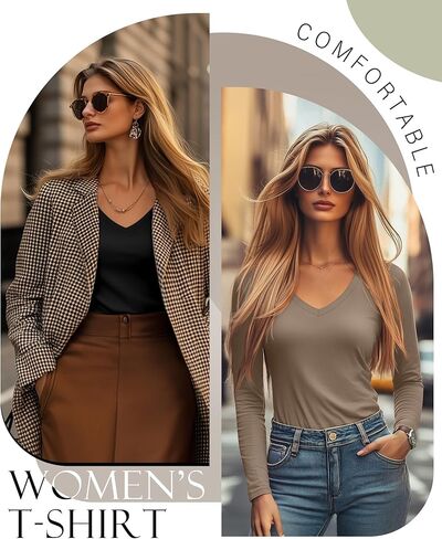 Huukeay 3 Pack Women's Long Sleeve V Neck Shirts Slim Fit Casual Ladies Tops Layering Basic Tee Undershirts in Kuwait