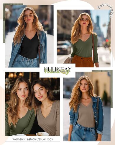 Huukeay 3 Pack Women's Long Sleeve V Neck Shirts Slim Fit Casual Ladies Tops Layering Basic Tee Undershirts in Kuwait