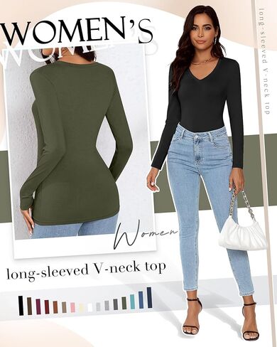 Huukeay 3 Pack Women's Long Sleeve V Neck Shirts Slim Fit Casual Ladies Tops Layering Basic Tee Undershirts in Kuwait