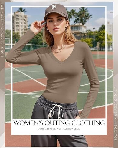 Huukeay 3 Pack Women's Long Sleeve V Neck Shirts Slim Fit Casual Ladies Tops Layering Basic Tee Undershirts in Kuwait