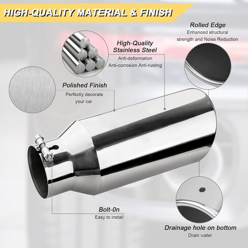 4 inch Inlet Exhaust Tip, 6" Outlet 12" Overall Length Stainless Steel Exhaust Tail Pipe, Bolt-On, Rolled Edge, Slant Sleek Angle Cut, Polished Tailpipe, Silvery in Saudi Arabia