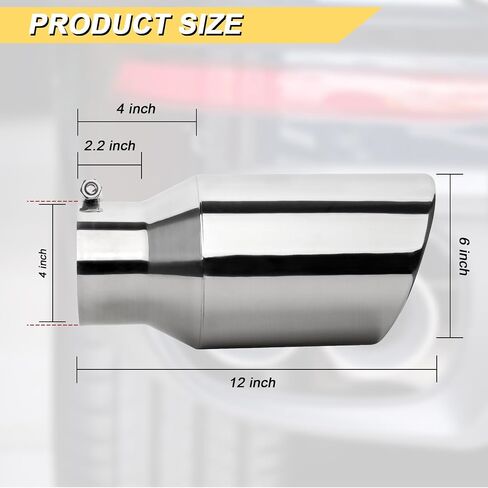 4 inch Inlet Exhaust Tip, 6" Outlet 12" Overall Length Stainless Steel Exhaust Tail Pipe, Bolt-On, Rolled Edge, Slant Sleek Angle Cut, Polished Tailpipe, Silvery in Saudi Arabia